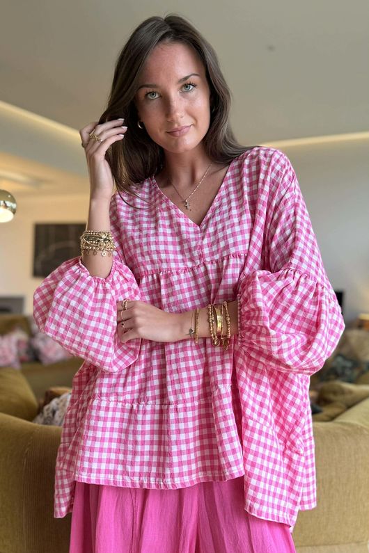 Nonni Gingham Artist Smock Hot Pink